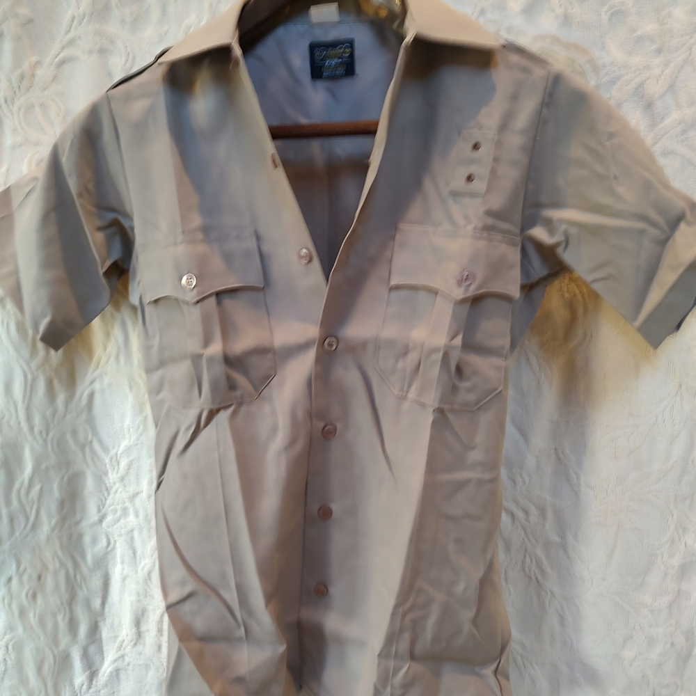 All American By Clifton Beige Long  Short Sleeve Button-Up Shirt 14 1/2 P 2 P 20